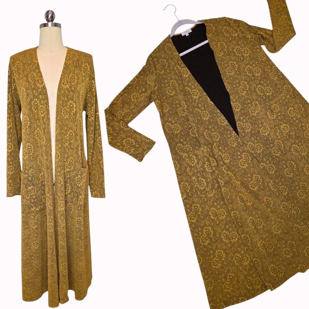 LuLaRoe Sarah Cardigan Small Floral Golden Mustard Jacquard Longline Duster